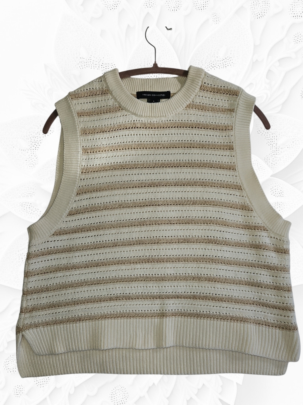 French Connection Metallic Striped Knit Sweater Vest - Ivory/Gold - Large